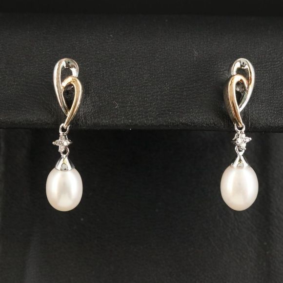 Genuine Pearl & Diamond Earrings 14k Rose Gold Accent 925 Sterling Silver - Picture 1 of 5